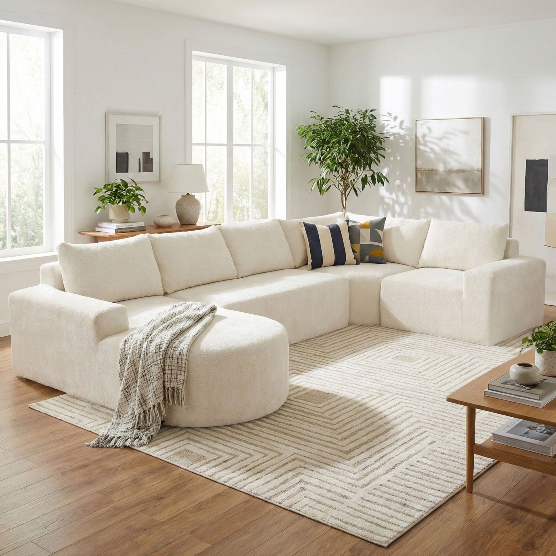 Modular cloud U-shaped sectional sofa by HouseOfZazla in light beige fabric with deep seats on Tampa Home & Garden Store