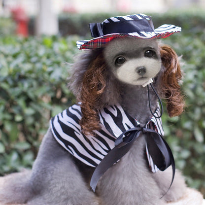 Pet Zen Christmas dog outfit zebra-print cape with black satin bow and striped hat on Tampa Home & Garden Store