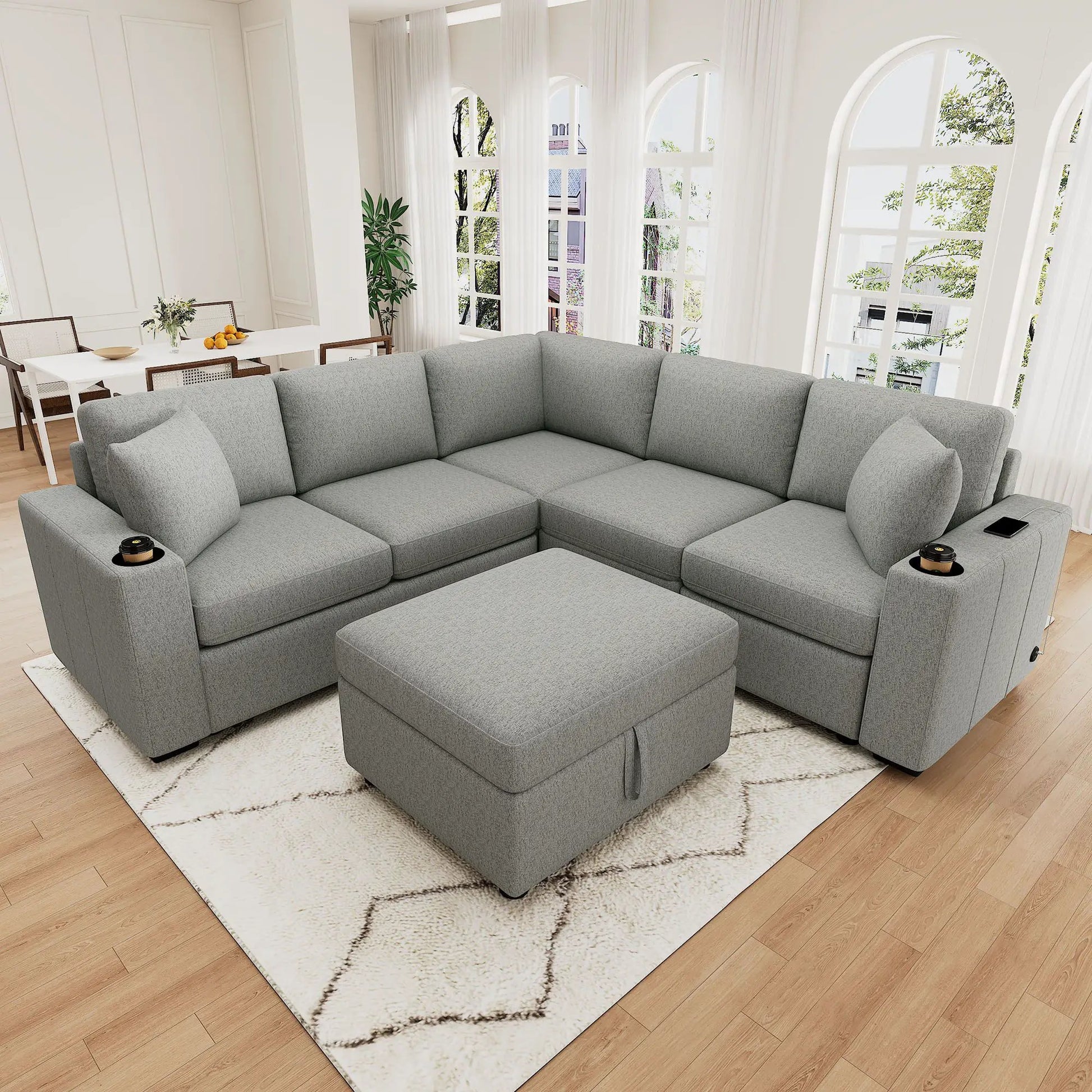 Sectional sofa with movable storage ottoman, gray fabric, 2-piece living room set on Tampa Home & Garden Store