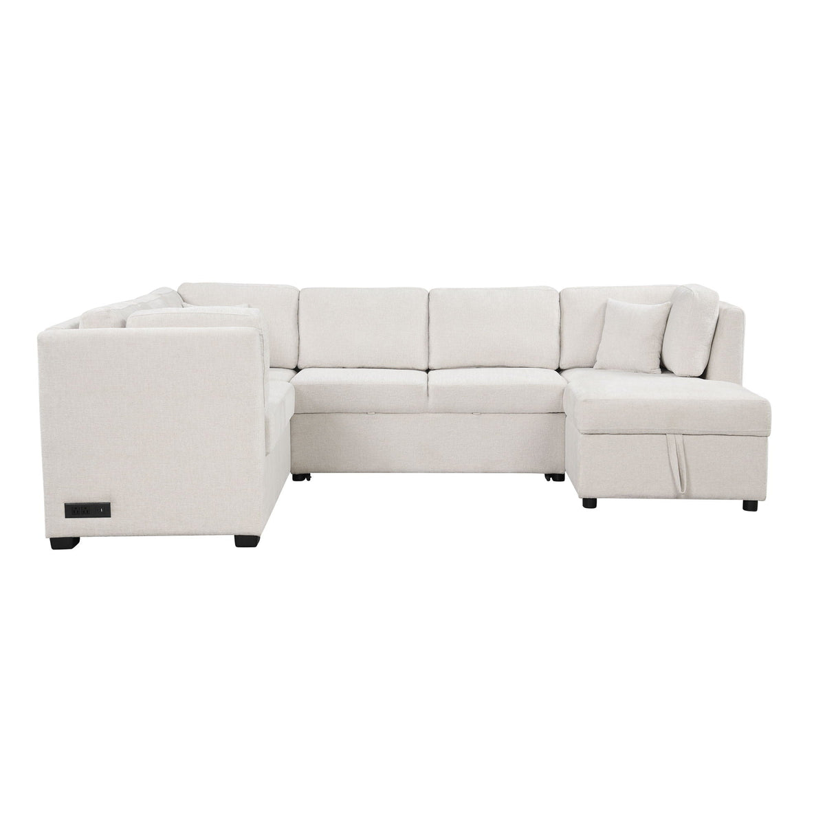 HouseOfZazla beige U-shaped sleeper sectional with storage chaise and three back pillows on Tampa Home & Garden Store