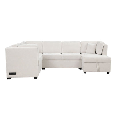 HouseOfZazla beige U-shaped sleeper sectional with storage chaise and three back pillows on Tampa Home & Garden Store