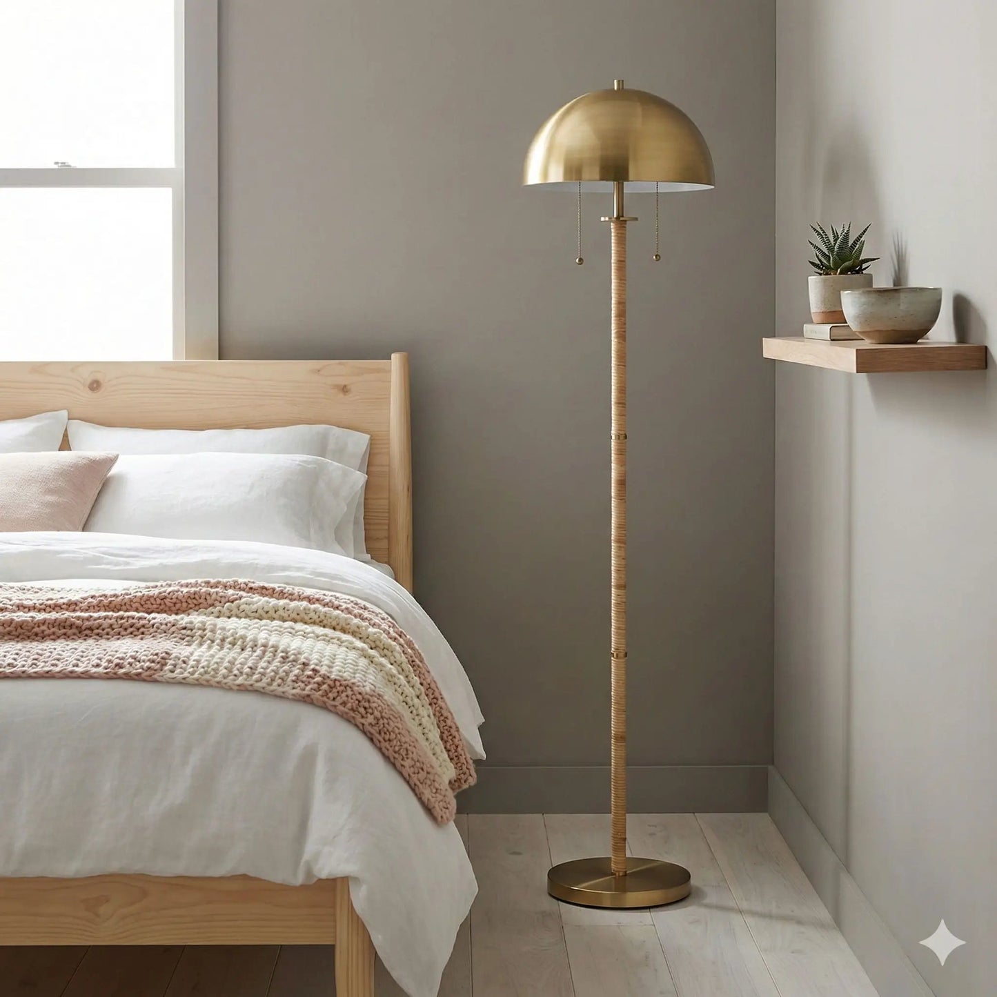Allure 2-light floor lamp in gold with natural tube and rattan beside bed in a gray bedroom on Tampa Home & Garden Store