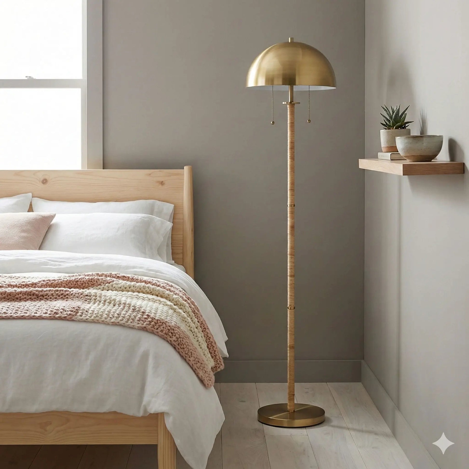 Allure 2-light floor lamp in gold with natural tube and rattan beside bed in a gray bedroom on Tampa Home & Garden Store