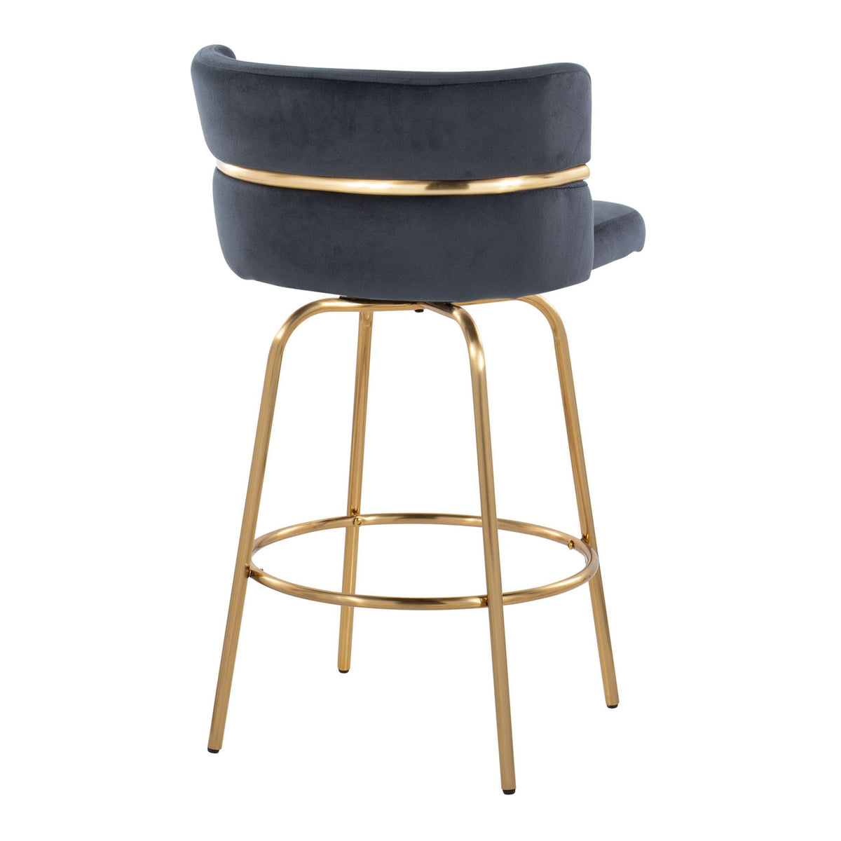 Glam Art Deco fixed-height counter stool with navy velvet upholstery and gold swivel base on Tampa Home & Garden Store