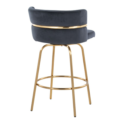 Glam Art Deco fixed-height counter stool with navy velvet upholstery and gold swivel base on Tampa Home & Garden Store