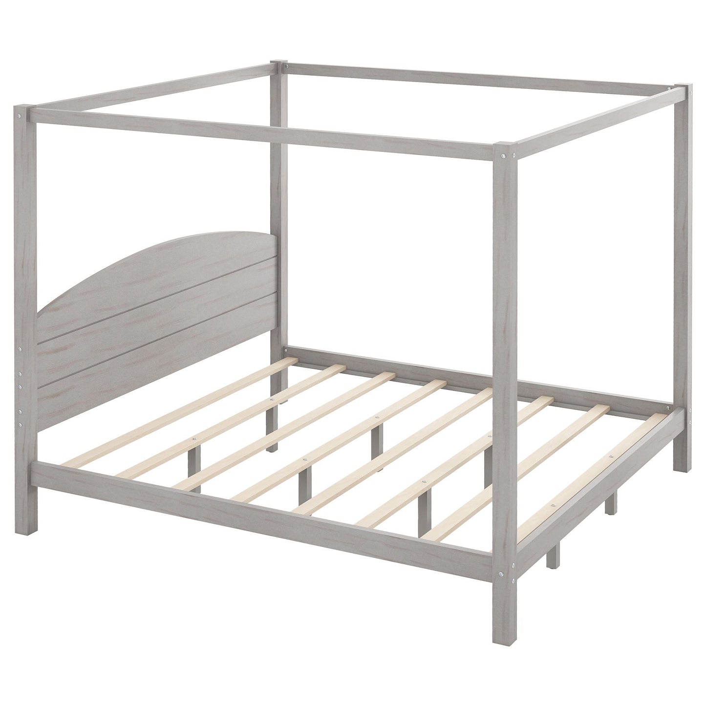 Canopy bed frame HouseOfZazla with graywashed finish, headboard, and slatted platform base on Tampa Home & Garden Store