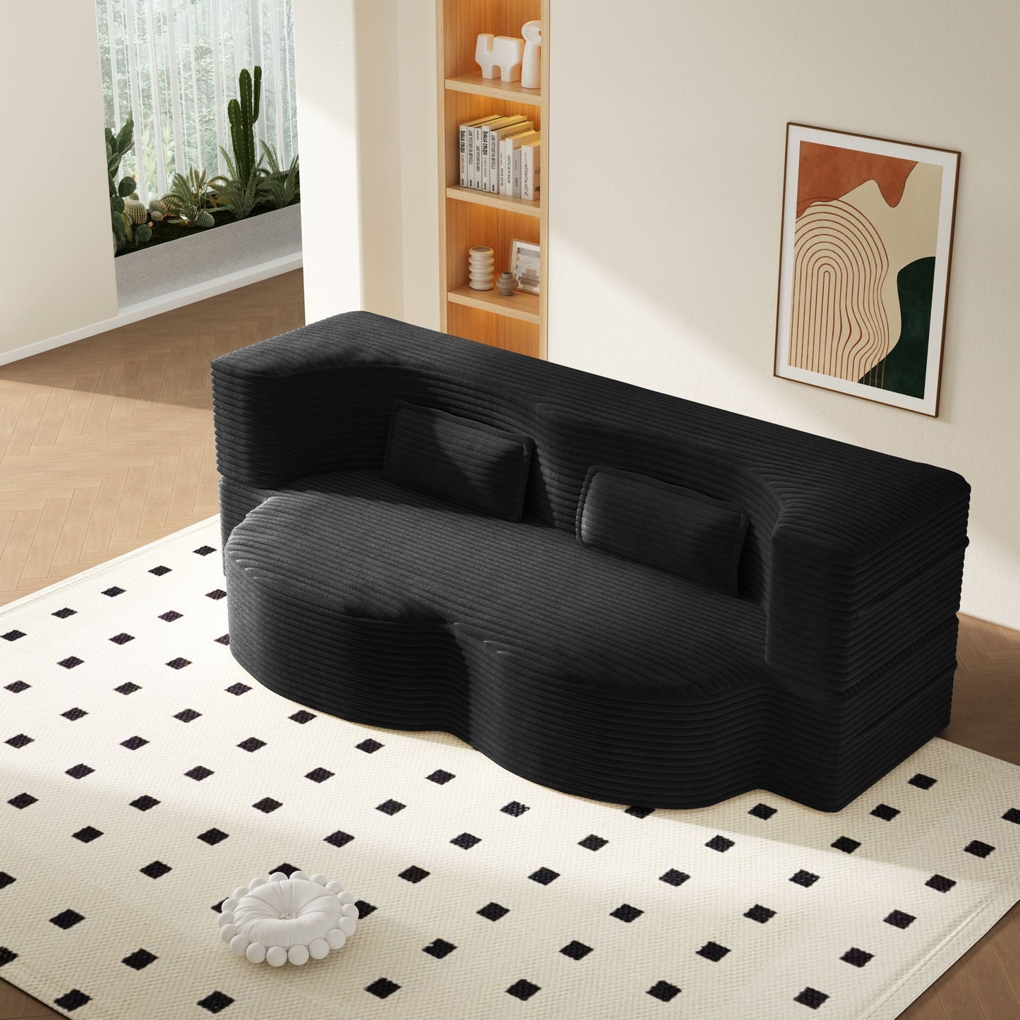 HouseOfZazla modern floor futon sofa with 2 pillows in black textured fabric on Tampa Home & Garden Store