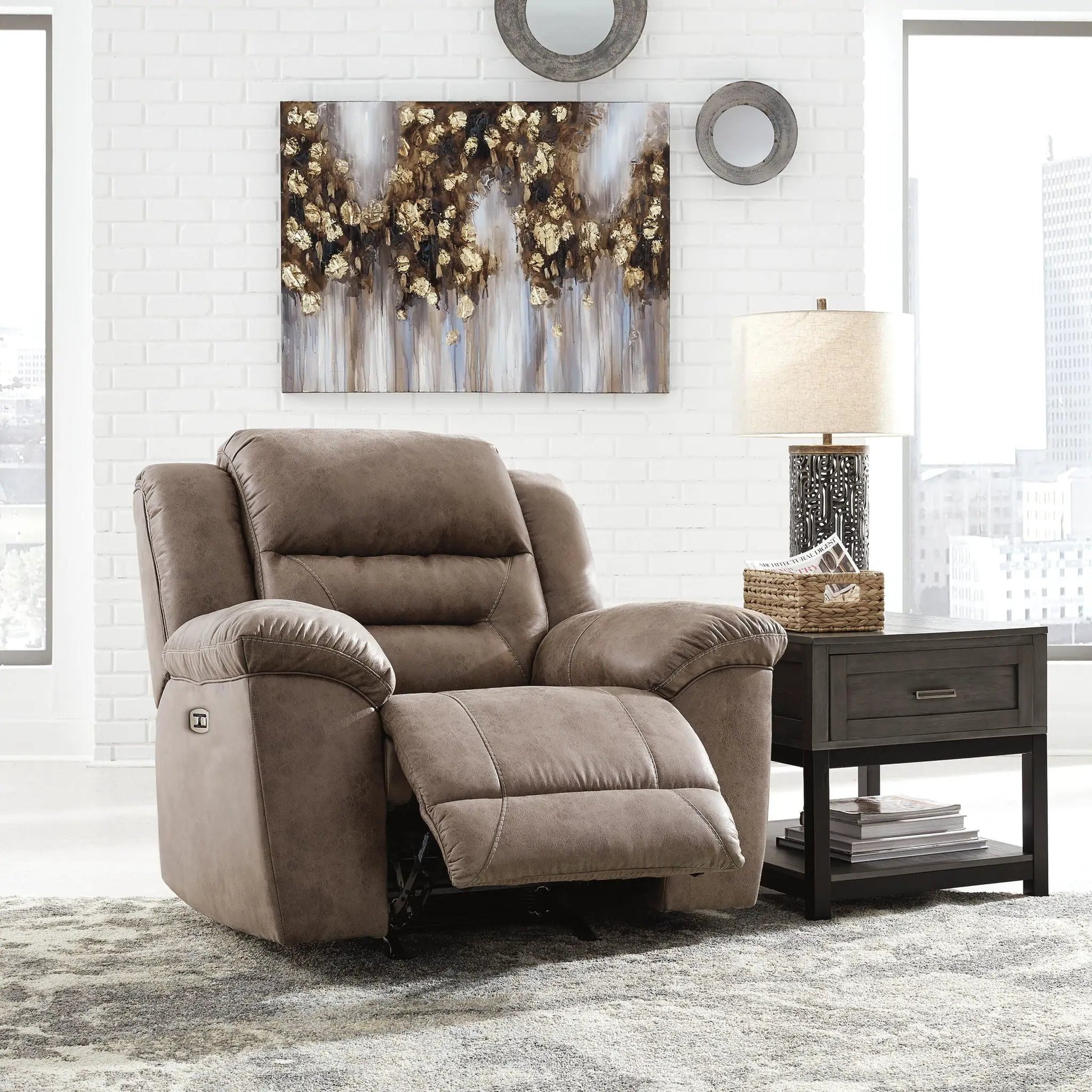 Stoneland Power Recliner, brown leather upholstery, by Unique Piece Furniture in living room on Tampa Home & Garden Store