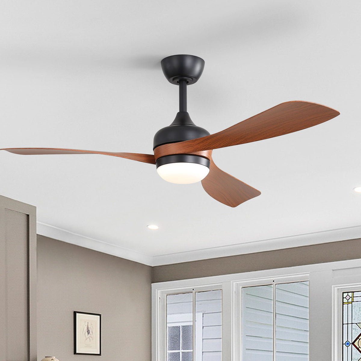 Ceiling fan with reversible DC motor, dark brown wood blades, black housing remote control on Tampa Home & Garden Store