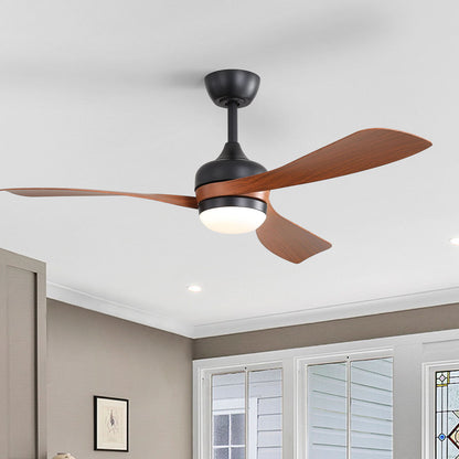 Ceiling fan with reversible DC motor, dark brown wood blades, black housing remote control on Tampa Home & Garden Store