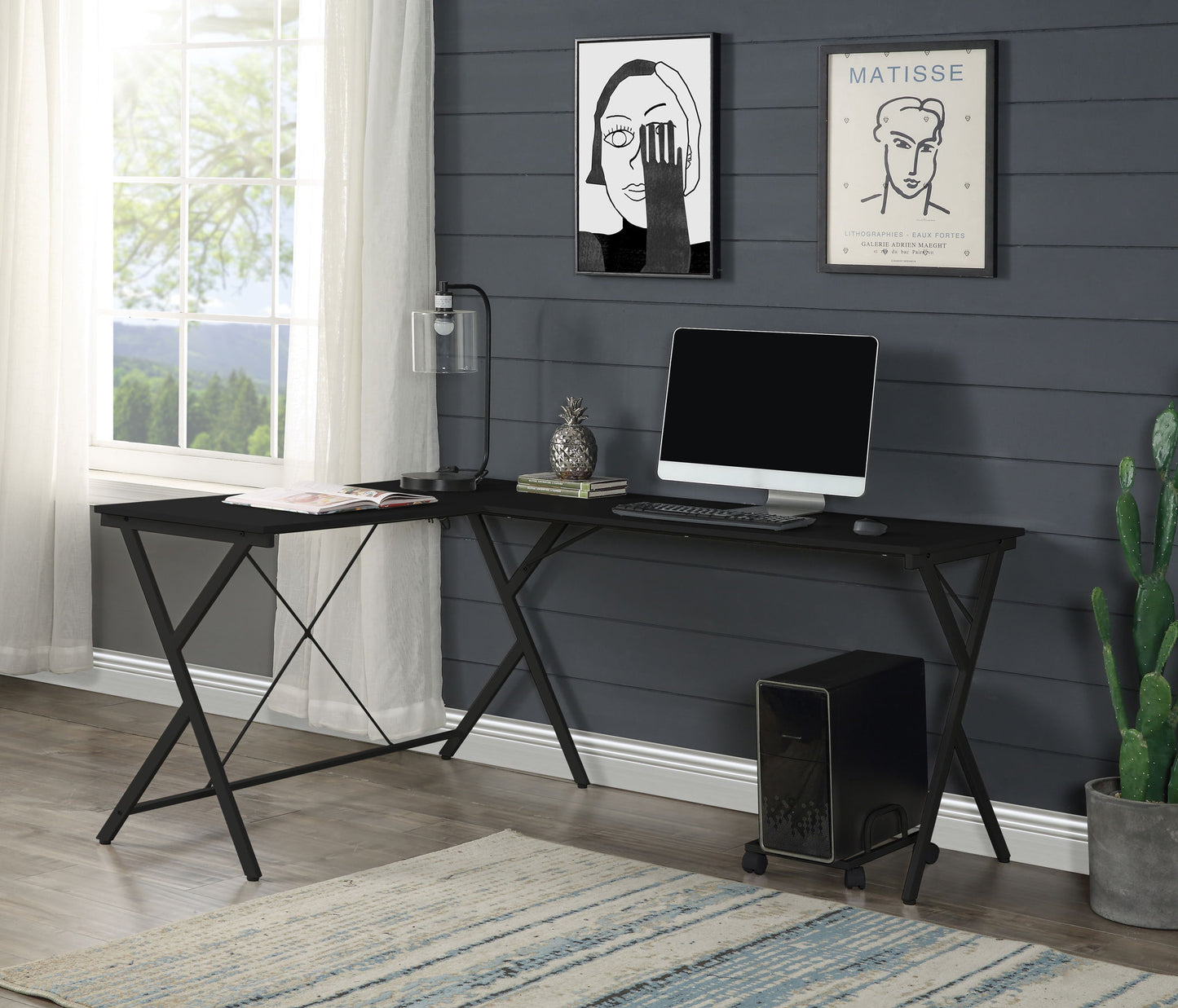 Dazenus Computer Desk black corner desk with metal legs and computer monitor setup on Tampa Home & Garden Store
