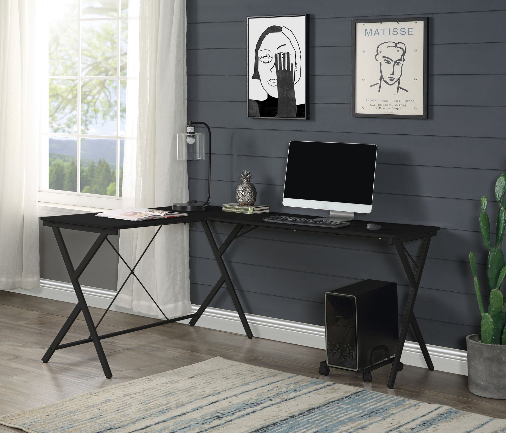 Dazenus Computer Desk black corner desk with metal legs and computer monitor setup on Tampa Home & Garden Store