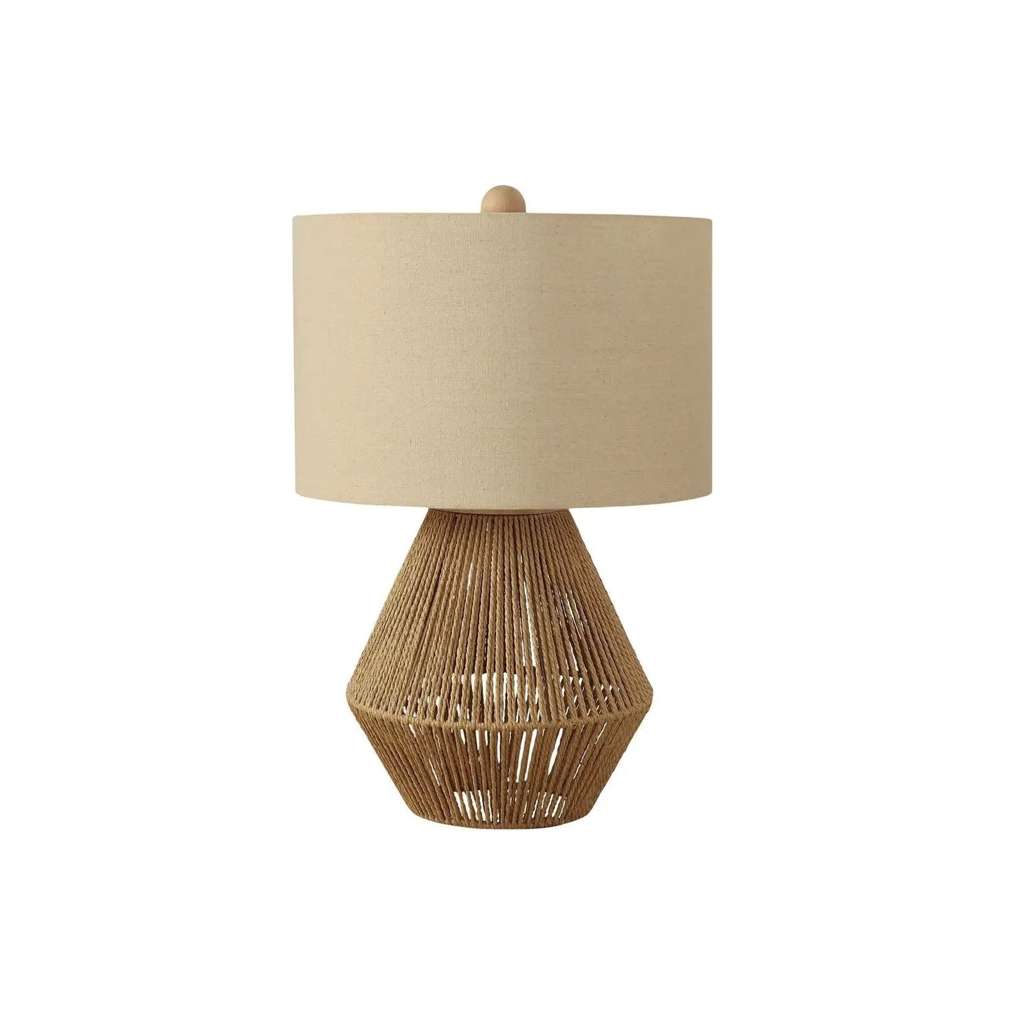 Table lamp with rope-wrapped base and beige fabric drum shade in brown on Tampa Home & Garden Store
