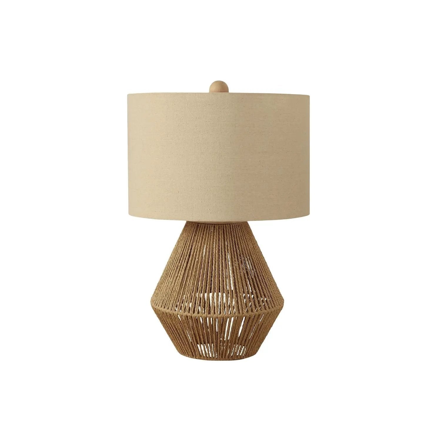 Table lamp with rope-wrapped base and beige fabric drum shade in brown on Tampa Home & Garden Store