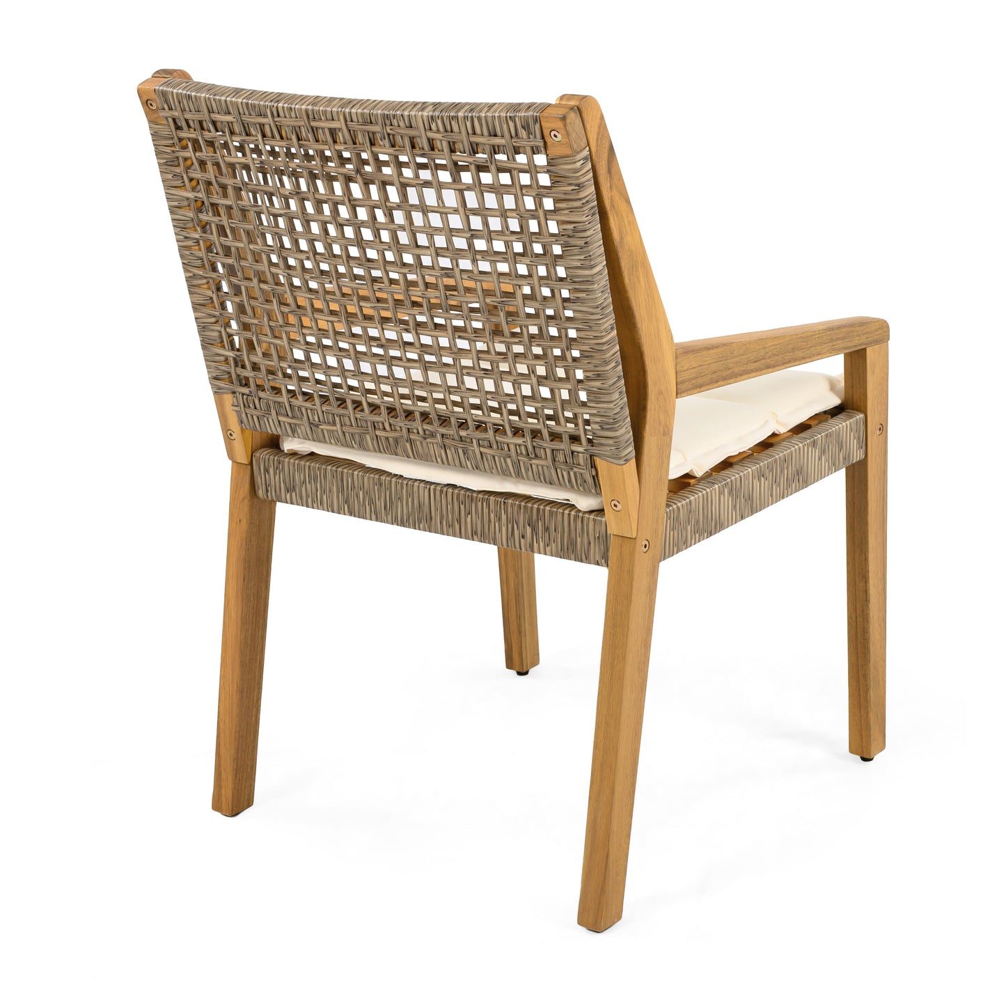 Outdoor dining chair with acacia wood frame and woven wicker back, cream cushion on Tampa Home & Garden Store