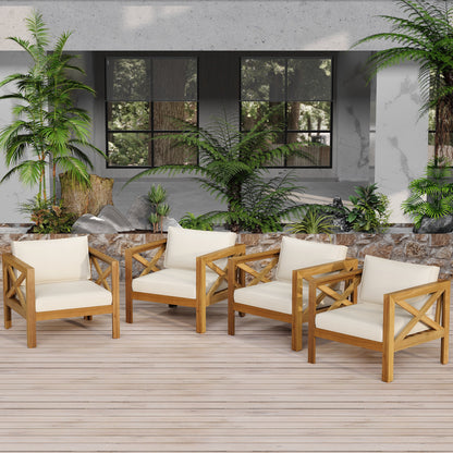 HouseOfZazla Outdoor Acacia Wood Club Armchairs with white cushions, set of 2 on patio on Tampa Home & Garden Store