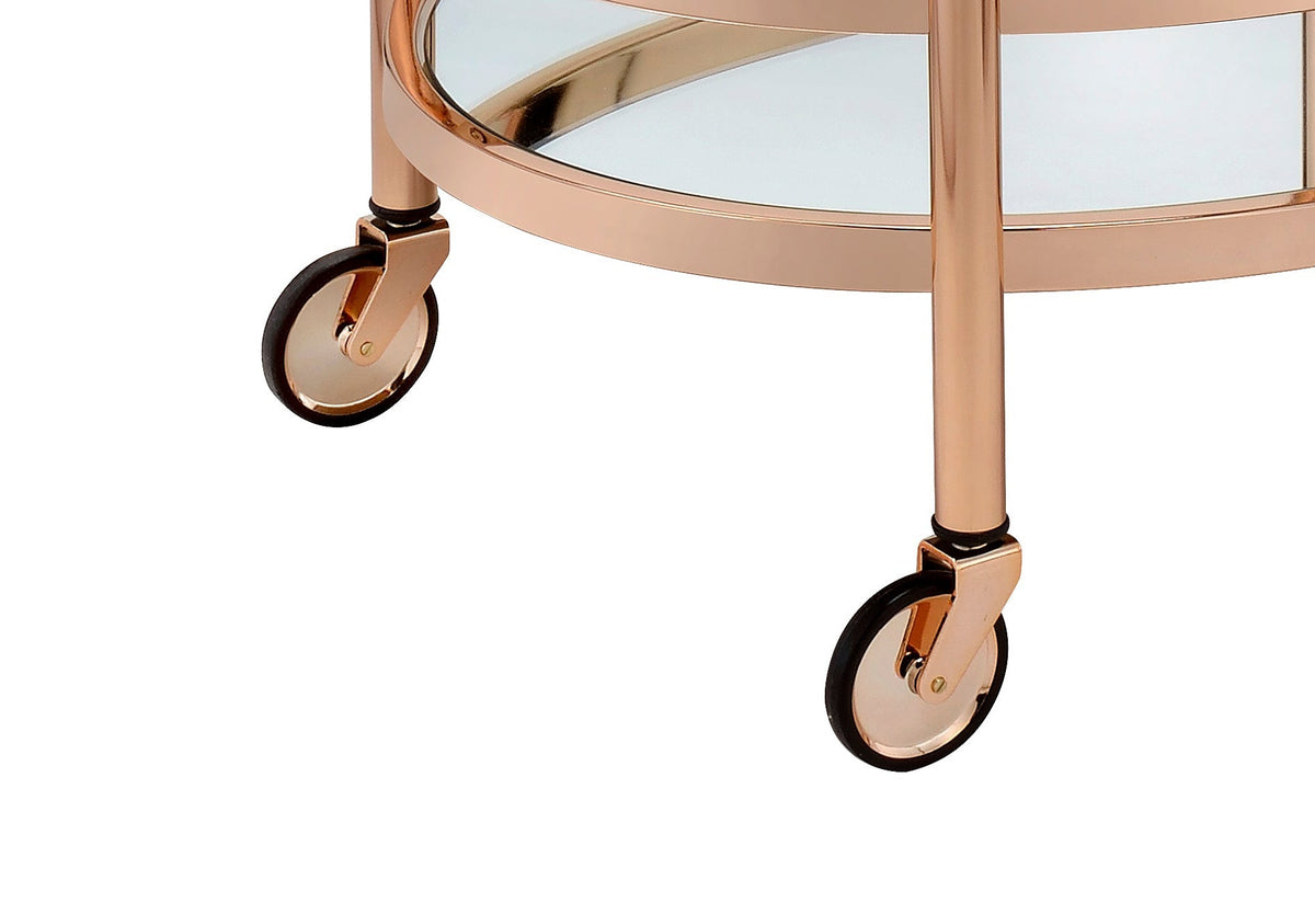 Lakelyn clear glass & rose gold finish serving cart with caster wheels on Tampa Home & Garden Store