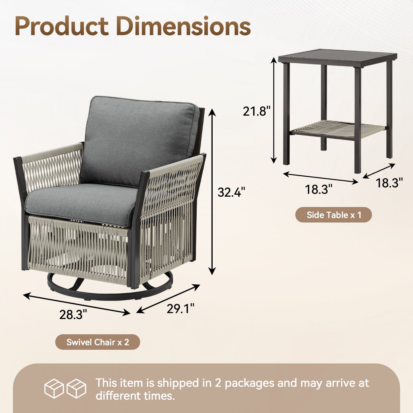 Swivel outdoor chairs, 2 chairs and side table, 3pc wicker patio set on Tampa Home & Garden Store