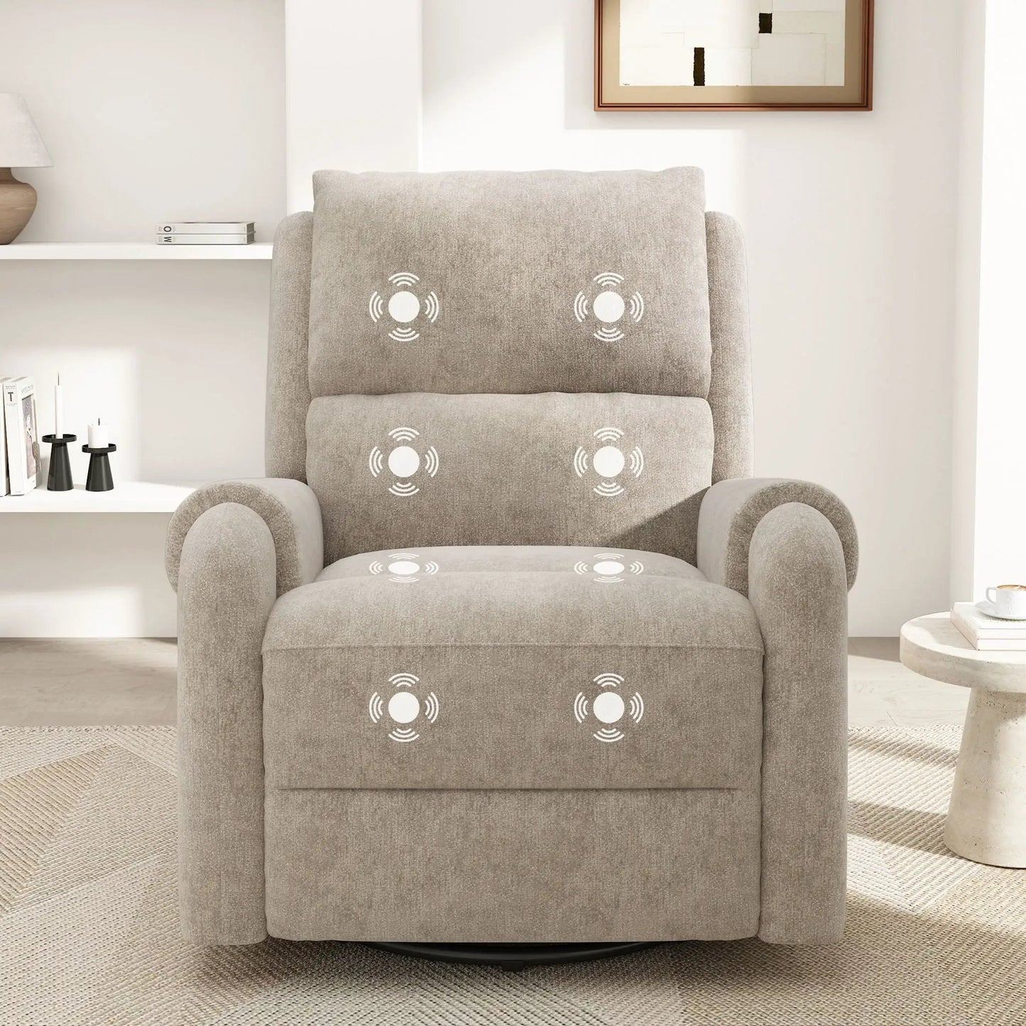 Beige fabric manual recliner massage chair with visible massage icons and swivel base on Tampa Home & Garden Store