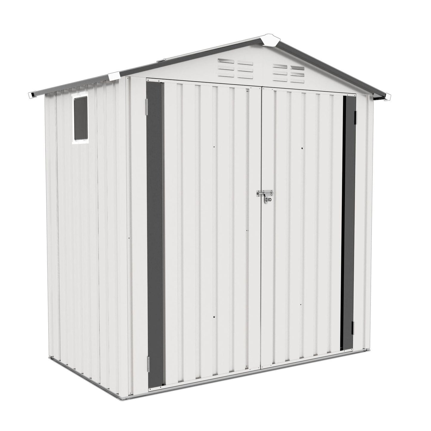 Metal storage shed with peaked roof, white panels and gray trim, lockable door on Tampa Home & Garden Store