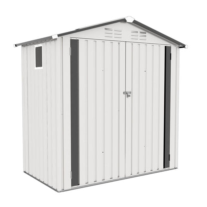 Metal storage shed with peaked roof, white panels and gray trim, lockable door on Tampa Home & Garden Store