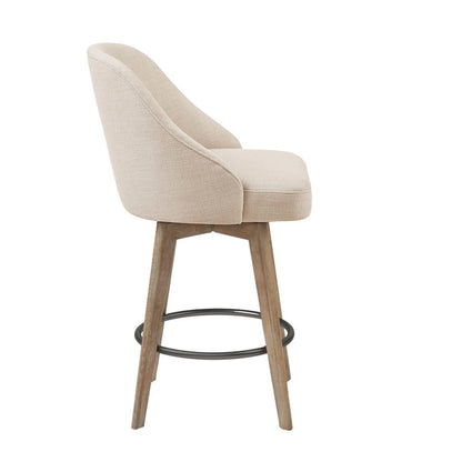 Beige fabric swivel counter stool with curved back and solid wood legs with footrest on Tampa Home & Garden Store
