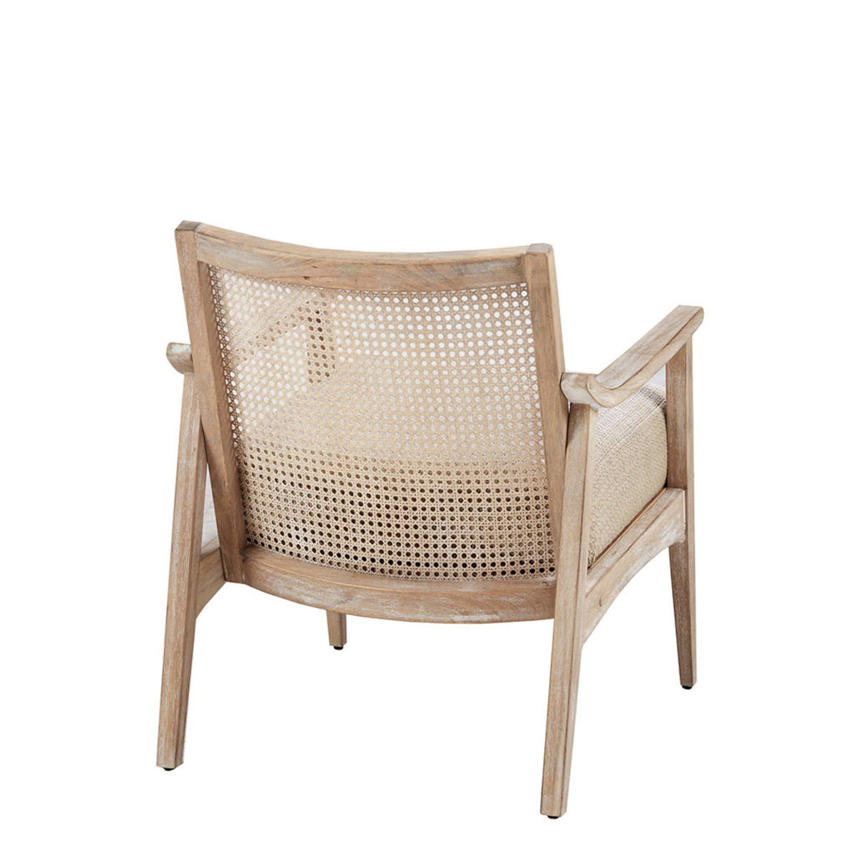 Cane-back upholstered accent chair with natural wood frame and woven seat on Tampa Home & Garden Store