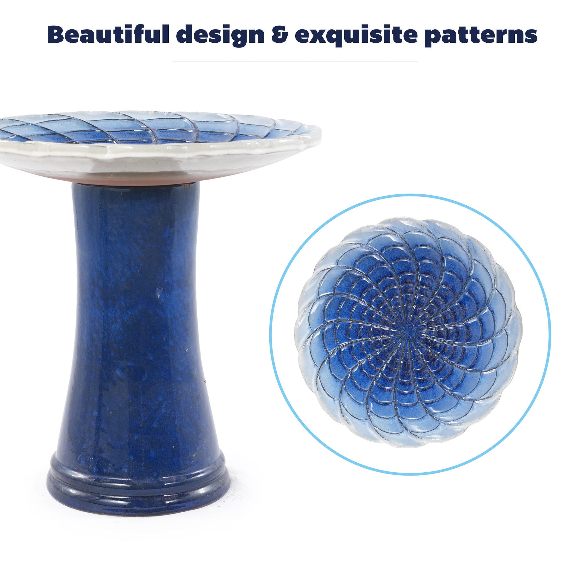 Handmade glazed ceramic bird bath with a deep blue leaf-patterned bowl on a cobalt blue pedestal on Tampa Home & Garden Store