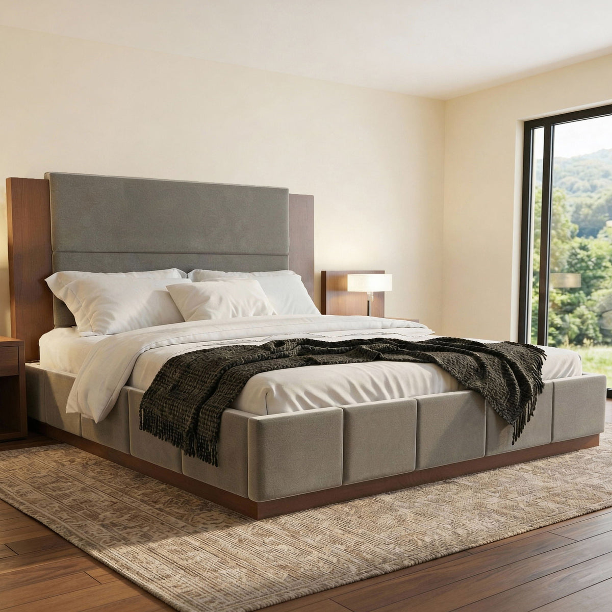 Modern upholstered platform bed with extended gray headboard and wood base by HouseOfZazla on Tampa Home & Garden Store