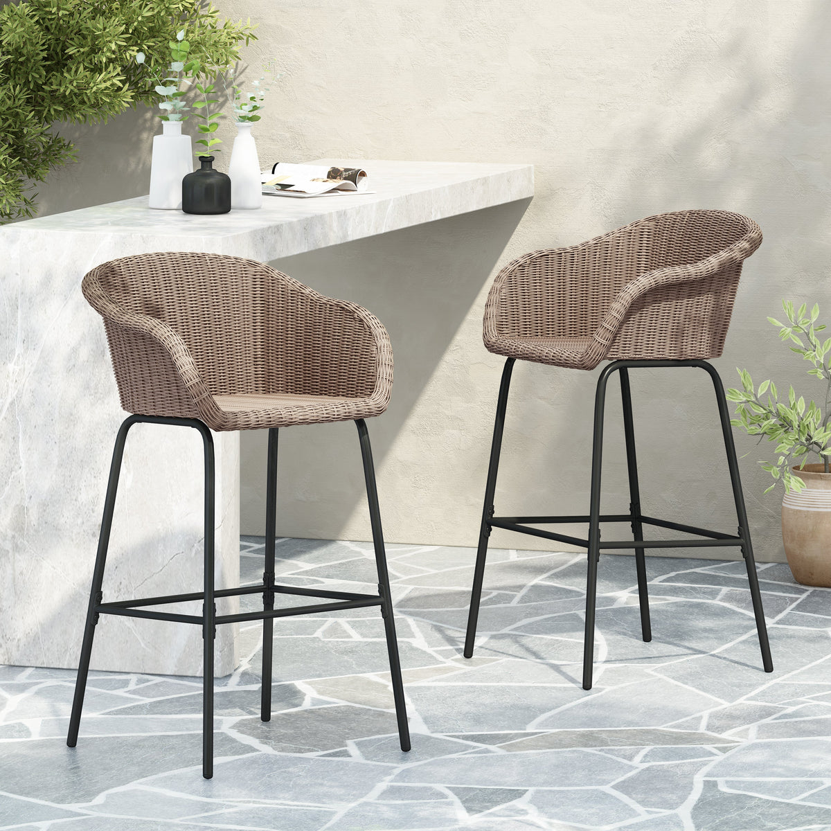Ladd Outdoor Metal Wicker Barstool Set of 2 brown wicker seats with black metal legs on Tampa Home & Garden Store