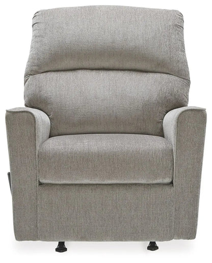 Altari Rocker Recliner gray fabric upholstery with plush back and padded arms on Tampa Home & Garden Store