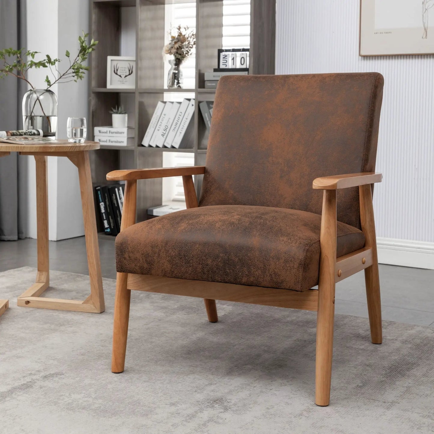Wide Arm Chair light brown leather with wood legs and arms Unique Piece Furniture on Tampa Home & Garden Store