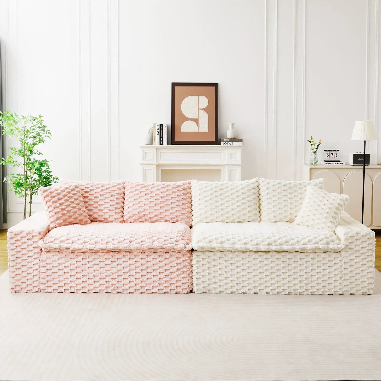 Multifunctional stationary sofa with pink and ivory chunky knit covers on Tampa Home & Garden Store