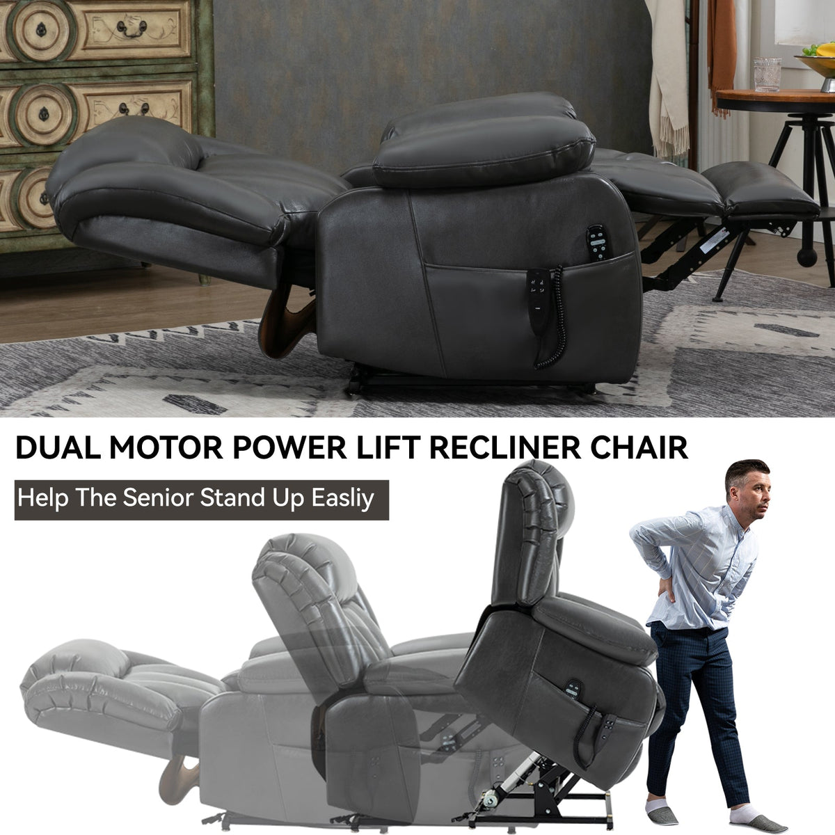 Dual Motor Electric Recliner Chair in dark gray leather with side remote by HouseOfZazla on Tampa Home & Garden Store