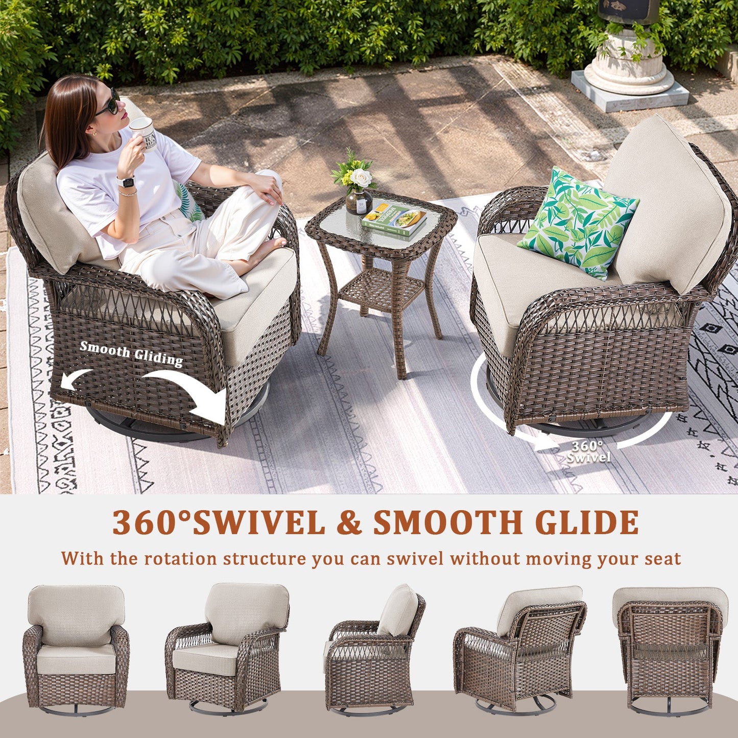 Outdoor Glider Chairs Set of 2 brown wicker with beige cushions and glass table HouseOfZazla on Tampa Home & Garden Store