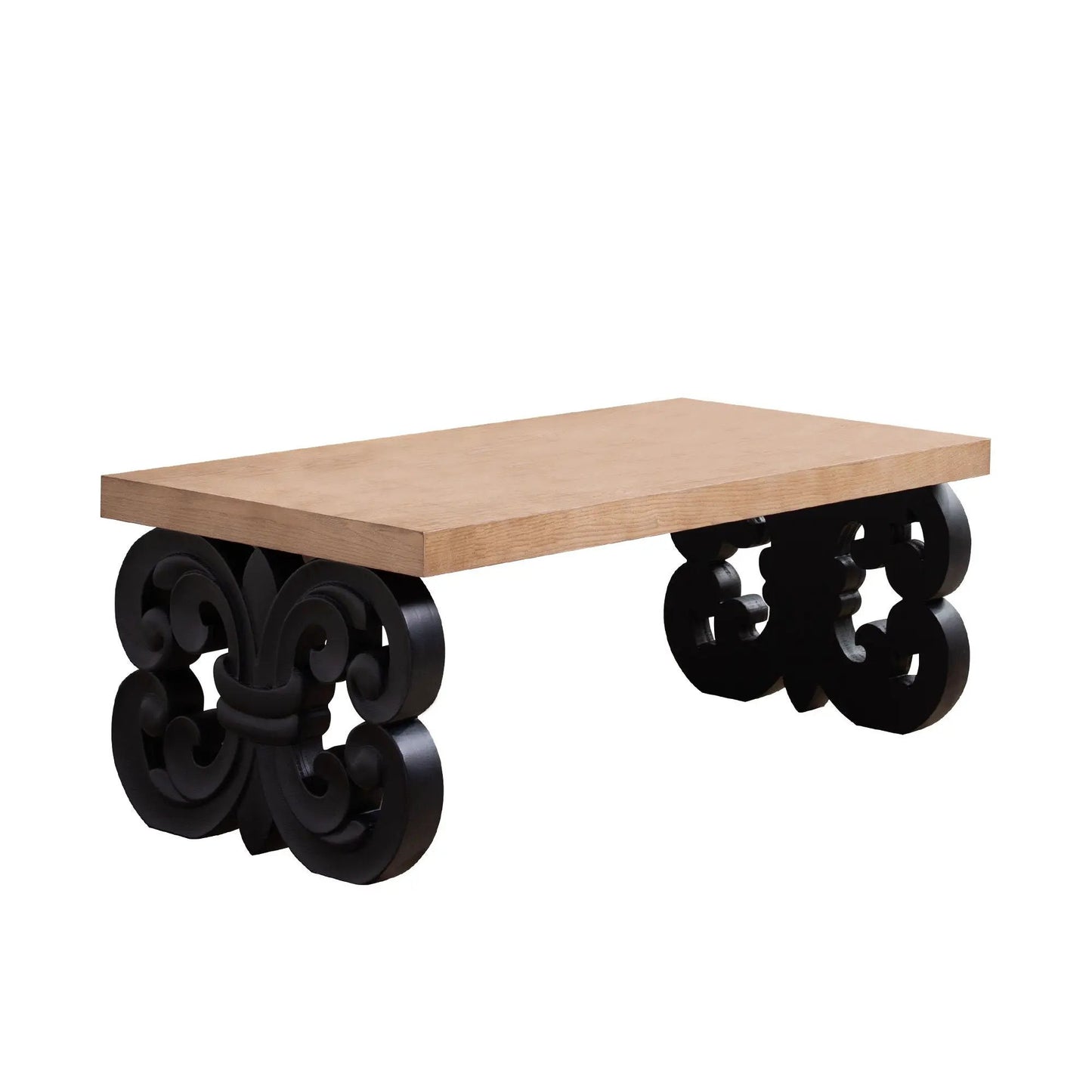 Ornate Scroll Base Coffee Table with wood top and black carved base by Unique Piece Furniture on Tampa Home & Garden Store