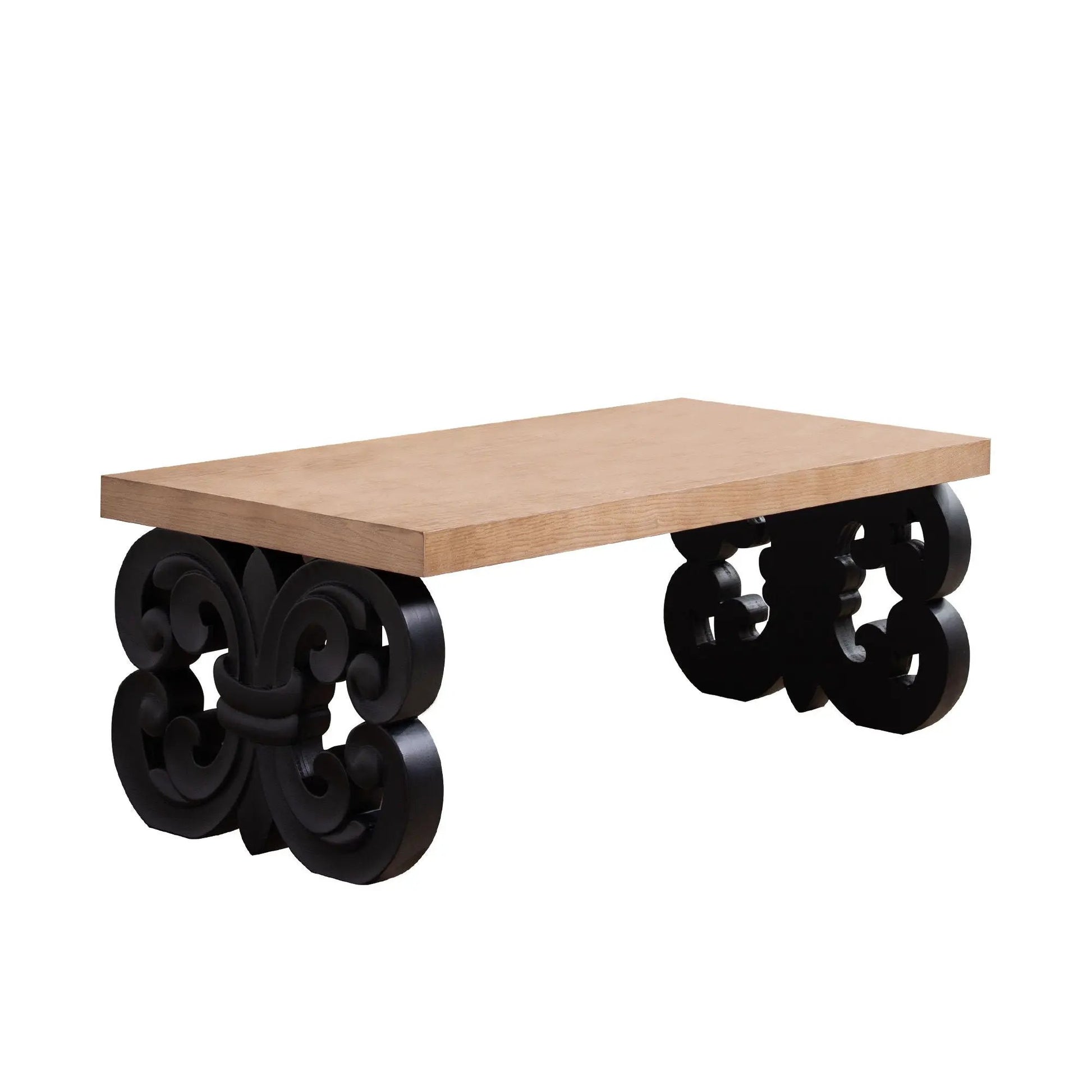Ornate Scroll Base Coffee Table with wood top and black carved base by Unique Piece Furniture on Tampa Home & Garden Store