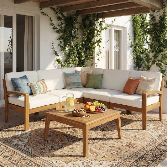 Grenada 5 Seater Acacia Wood Sectional Sofa Set with white cushions by HouseOfZazla on Tampa Home & Garden Store