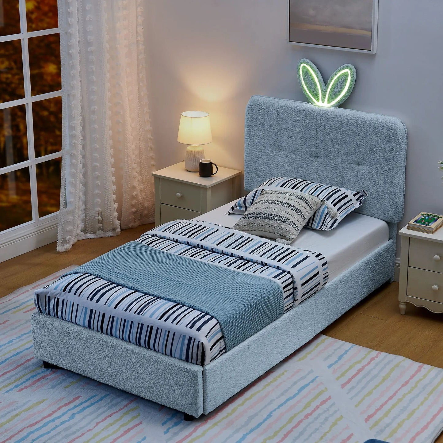 Upholstered Bed with Rabbit Ear Headboard and LED