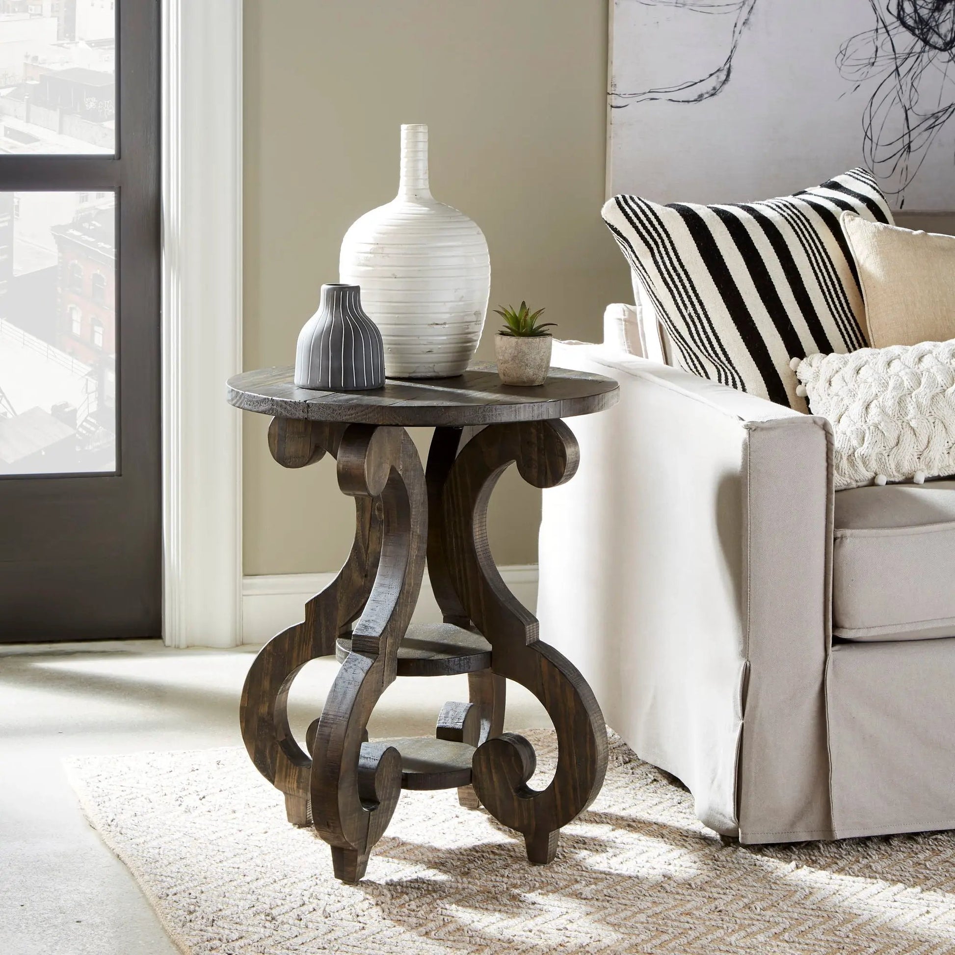 Bellamy Round Accent End Table Peppercorn dark wood with sculpted curved base Unique Furniture on Tampa Home & Garden Store