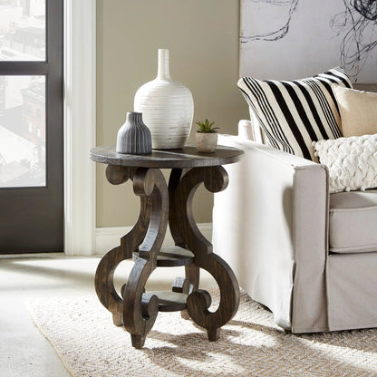 Bellamy Round Accent End Table Peppercorn dark wood with sculpted curved base Unique Furniture on Tampa Home & Garden Store