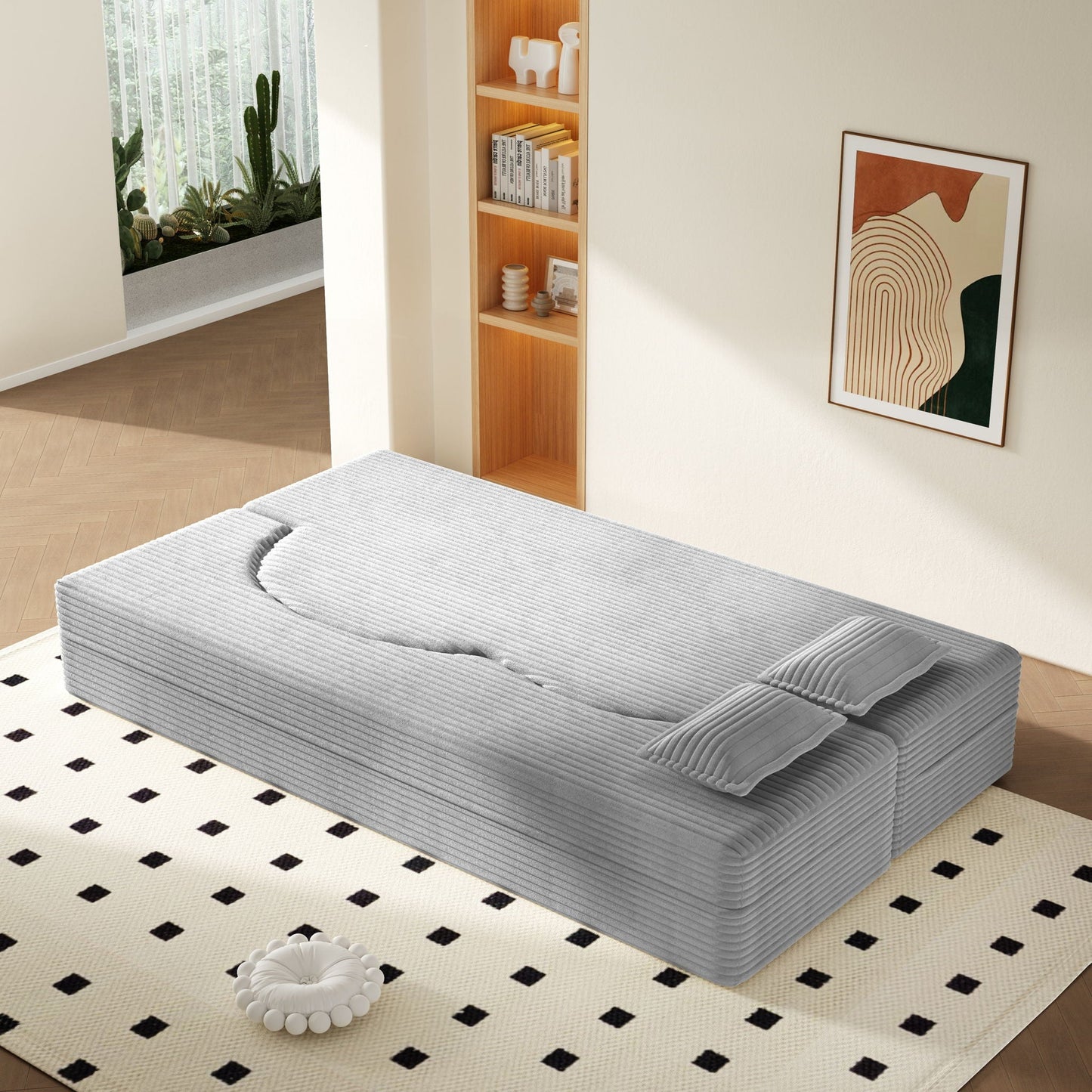 Floor sofa with 2 pillows in gray ribbed fabric, convertible twin-size mattress, HouseOfZazla on Tampa Home & Garden Store