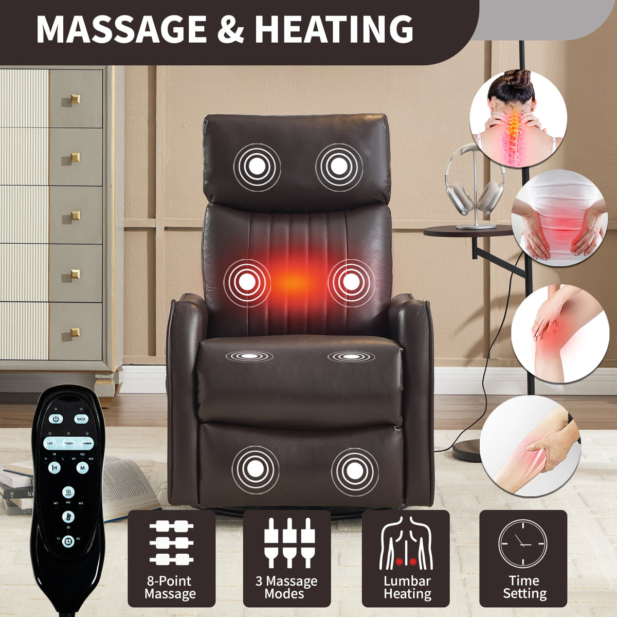 Brown faux leather heat massage manual recliner chair with 8-point massage by HouseOfZazla on Tampa Home & Garden Store