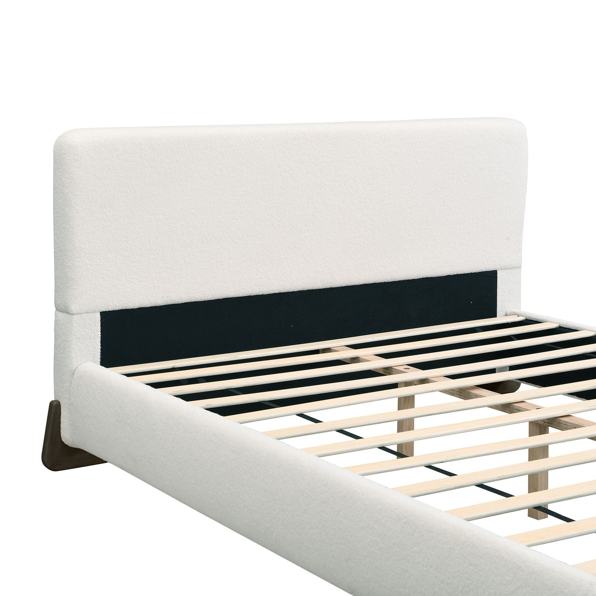 White Boucle Upholstered Bed on Solid Wood Legs