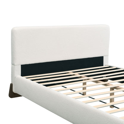 White Boucle Upholstered Bed on Solid Wood Legs