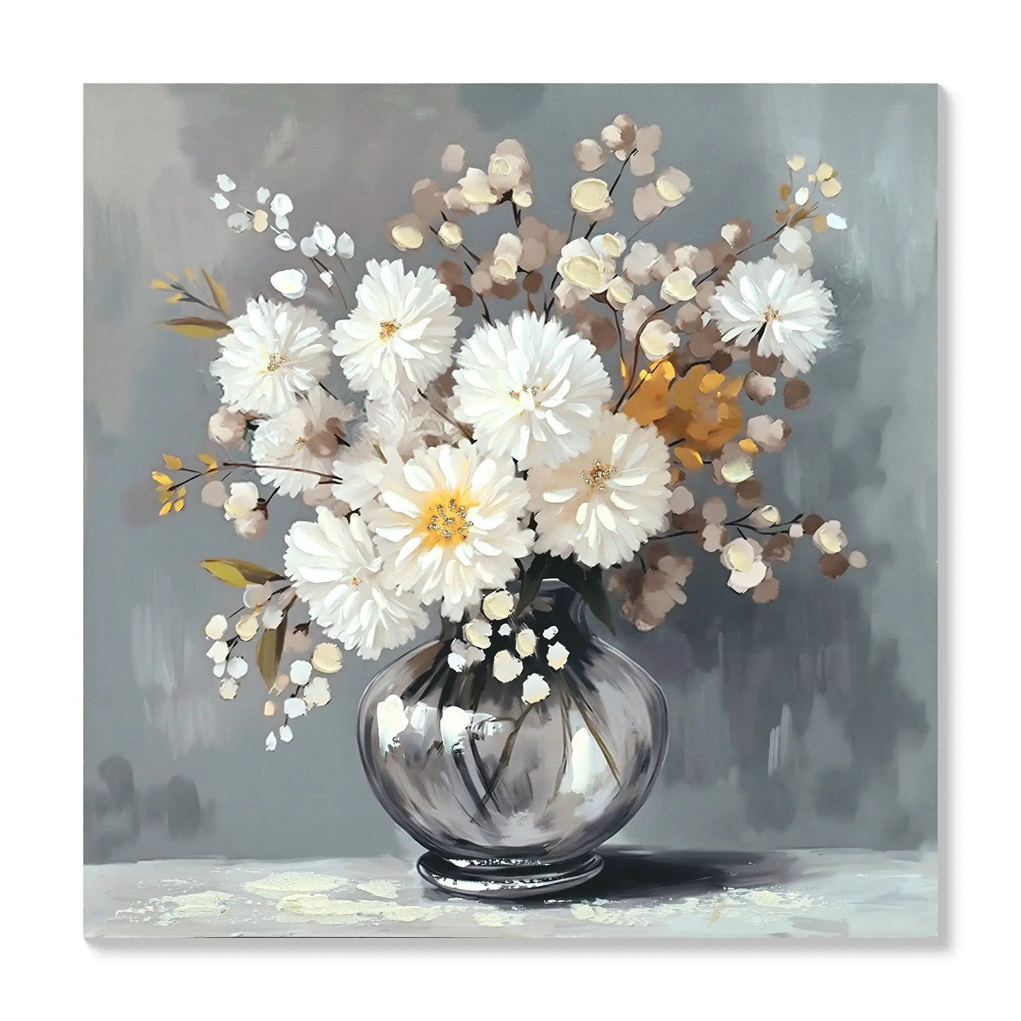 Chrysanthemum Vase Canvas Wall Art Decor Stone White chrysanthemums in glass vase on muted gray backdrop on Tampa Home & Garden Store