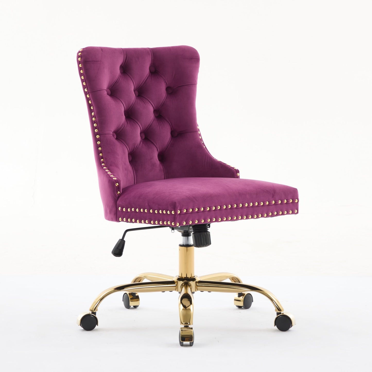 Purple velvet tufted office chair with gold nailhead trim and wheeled base on Tampa Home & Garden Store