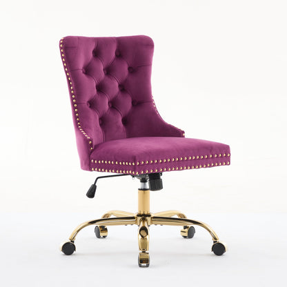 Purple velvet tufted office chair with gold nailhead trim and wheeled base on Tampa Home & Garden Store