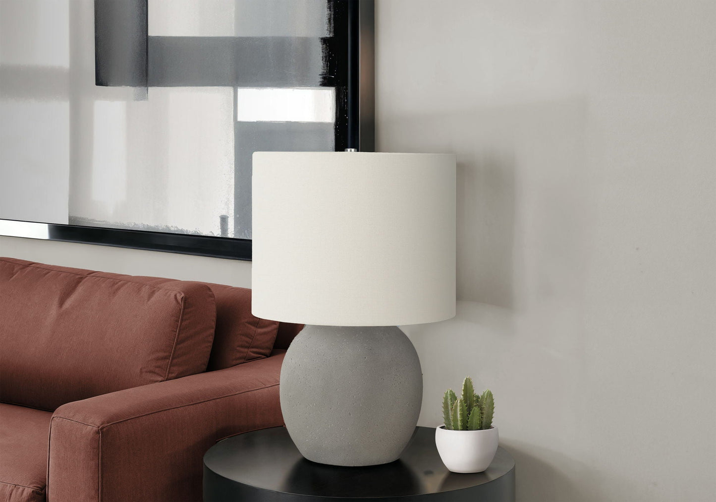 Table lamp with stacked gray concrete spheres base and cream drum shade by HouseOfZazla on Tampa Home & Garden Store
