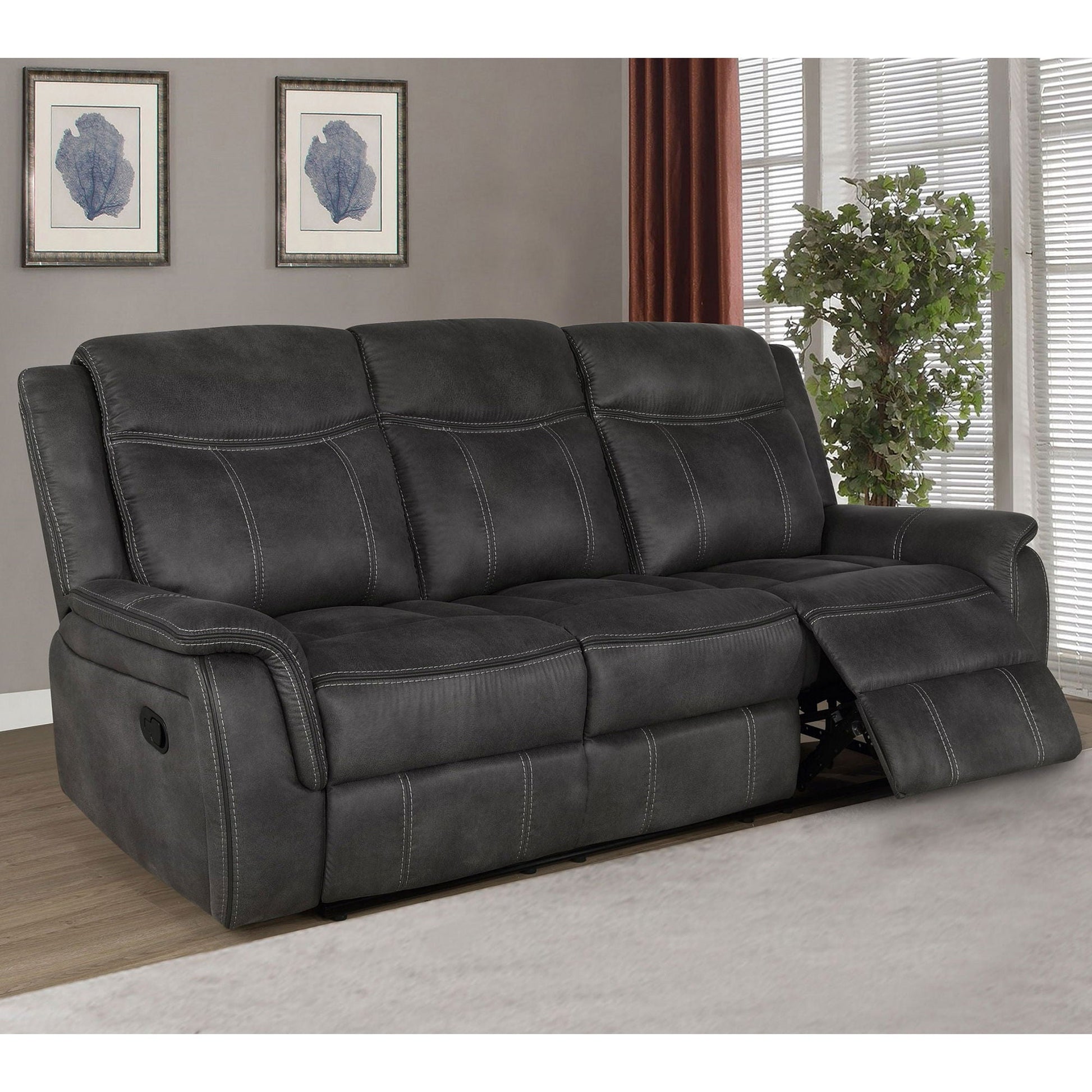 HouseOfZazla Franklin charcoal upholstered padded arm reclining sofa with manual recline on Tampa Home & Garden Store